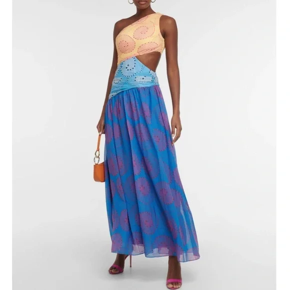 STAUD Ashlyn One-shoulder Chiffon Maxi Dress in Whirlpool Size 6 - Picture 3 of 11